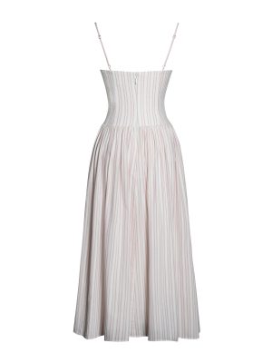 Zania Pink Stripe Ruched Breast Cotton Jacquard Midi Dress