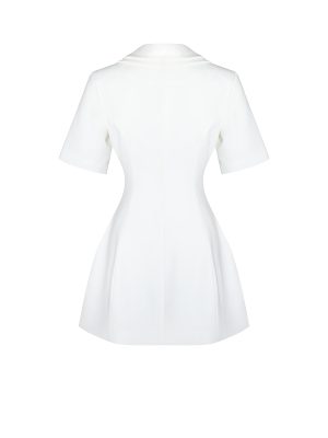 Madelina White Double Breast Satin Trim Blazer Dress