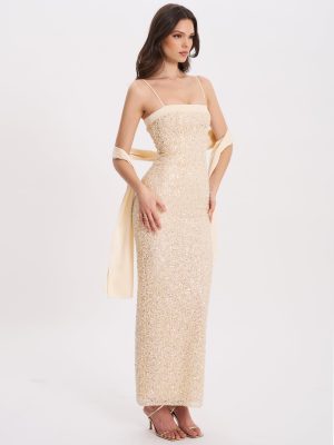 Raizel Gold Beaded Sequin Bodycon Gown with Scarf