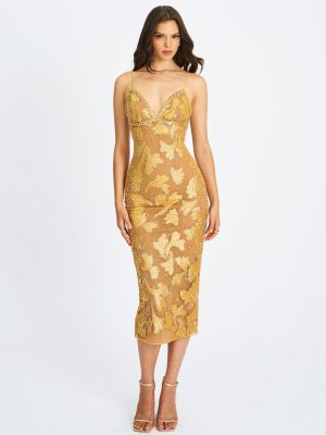 Edie Gold Beaded Sequin Midi Pencil Dress