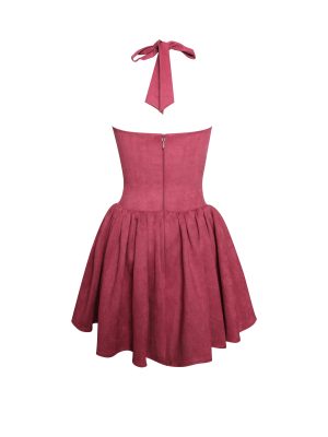 Hadara Burgundy Suede Halter Mini Full Dress