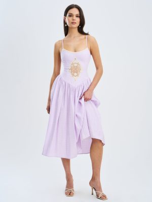 Jaclyn Lavender Lace Trim Cutout Seersucker Midi Dress