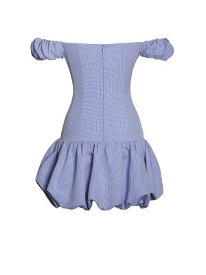 Sablee Checkered Puffy Off Shoulder Trim Bubble Hem Mini Dress