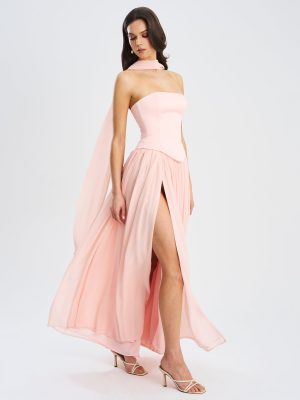 Qianna Baby Pink Peplum Top Drop Waist Chiffon Gown