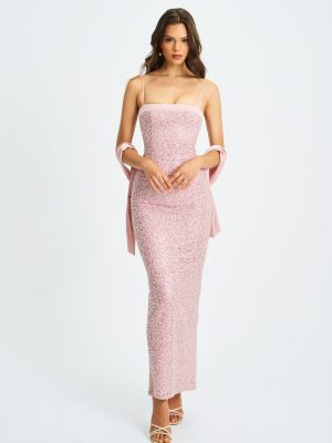 Raizel Pink Beaded Sequin Bodycon Gown with Scarf