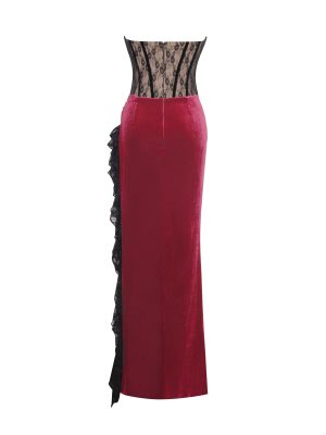 Gaia Burgundy Lace Velvet Corset Side Slit Dress