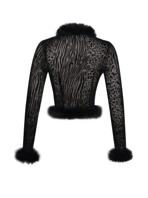 Hali Black Animal Print Burnout Velvet Fur Trim Top