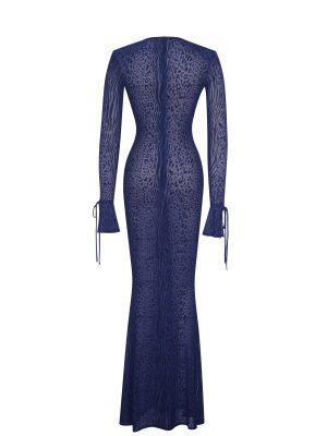 Ilyse Navy V-Neck Plunge Animal Print Mermaid Hem Maxi Dress