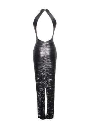 Abril Ruched Silver Glitter Backless Gown