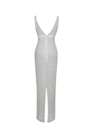Adelaide White Beaded Sequin Net Bodycon Gown