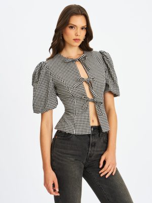 Qusayla Black Gingham Bubble Sleeve Bowtie Top