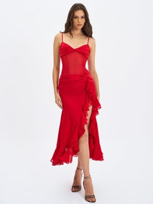 Dahlina Red Ruched Waist High Slit Maxi Dress