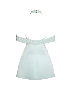 Zafrina Light Cyan Halter Off-shoulder Backless Mini Dress