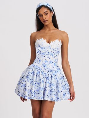 Spring Affair Blue Floral Print Linen Head Scarf