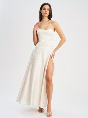 Raegan Pearl White Jacquard Ruched Maxi Dress