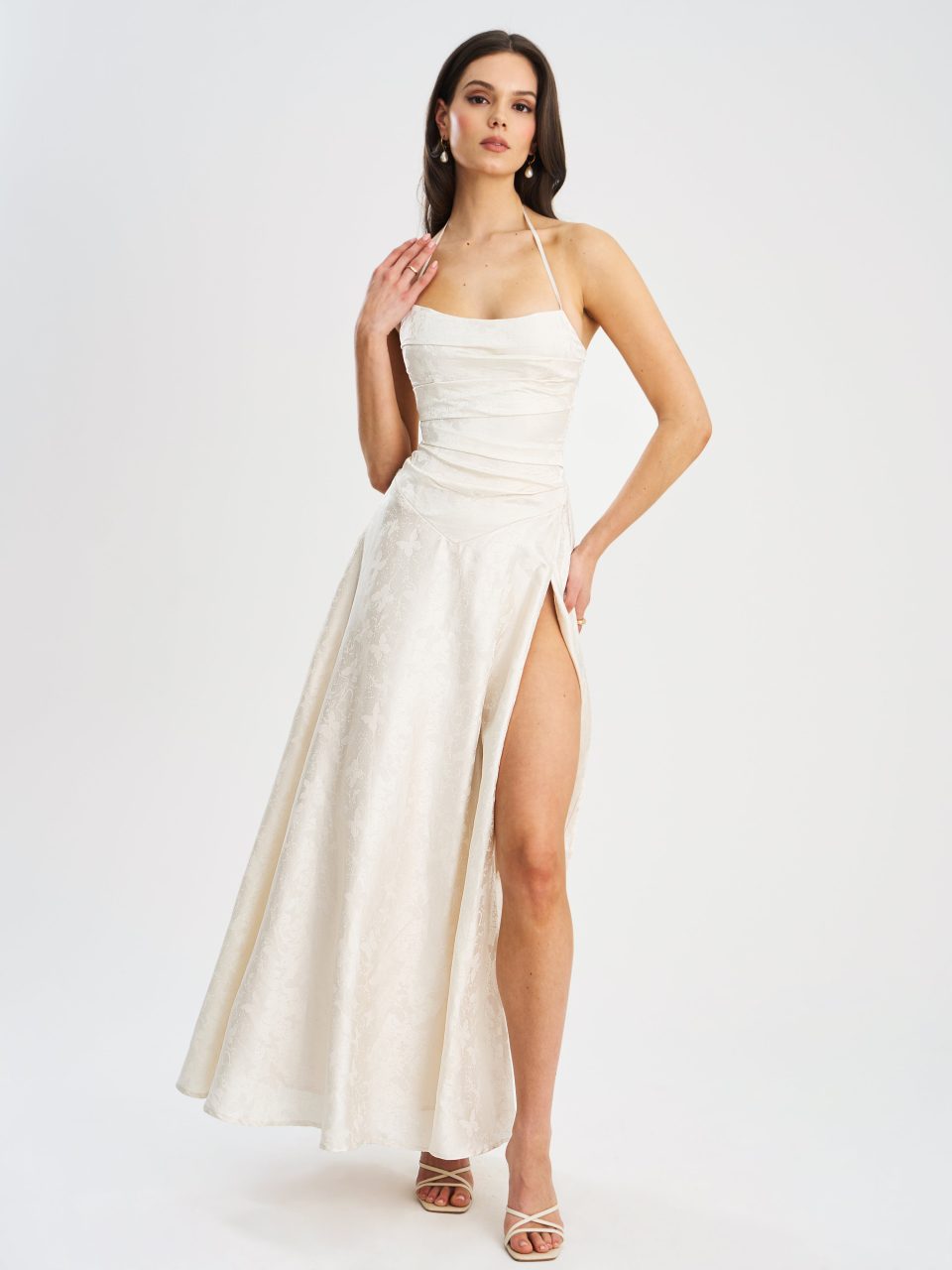 Raegan Pearl White Jacquard Ruched Maxi Dress