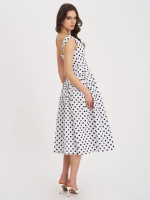 Rahma Polka Dot Drop Waist Midi Cotton Poplin Dress
