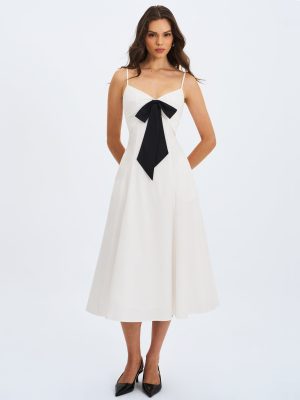 Corinne White Poplin Flared Maxi Dress with Removable Bow