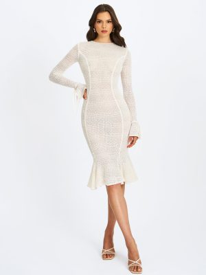 Pamina Beige Crochet Long Sleeve Midi Flare Mermaid Dress