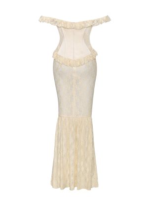 Ersilia Pale Yellow Satin Lace Peplum Corset Off Shoulder Maxi Dress