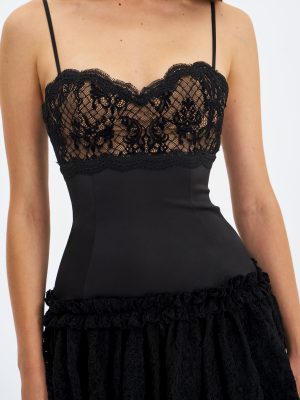 Umra Black Contrast Lace Sweetheart Gathered Mini Dress