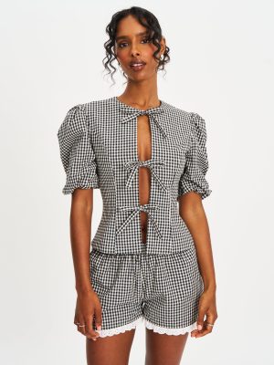 Qusayla Black Gingham Bubble Sleeve Bowtie Top