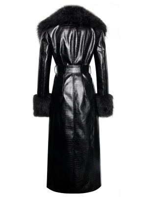 Zella Black Fur Trim Vegan Croc Leather Coat