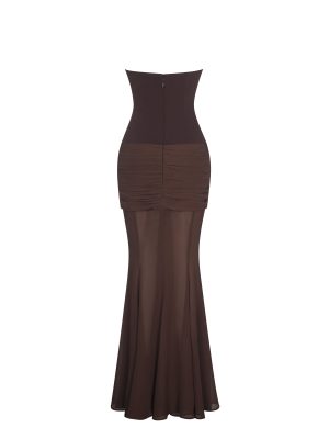 Giovana Espresso Sweetheart Draped Mesh Mermaid Maxi Dress