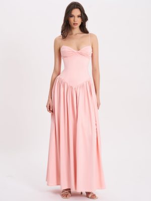 Najwa Baby Pink Ruched Breast Drop Waist Maxi Dress
