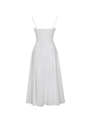 Corinne White Poplin Flared Maxi Dress with Removable Bow