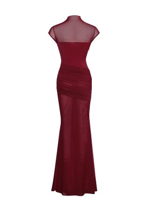 Fabienne Burgundy Mesh Cap Sleeve Mermaid Gown