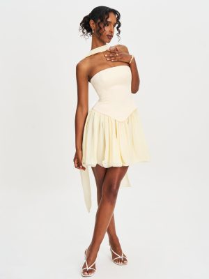Valentina Butter Yellow Boned Curve Edge Peplum Mini Dress