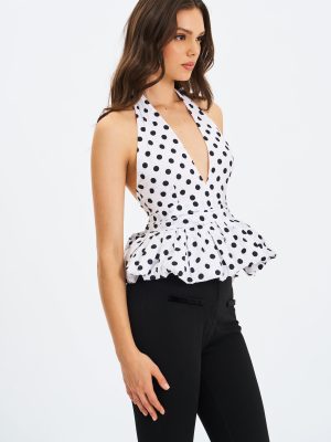 Ilene White and Black Polka Dot Bubble Hem Halter Top