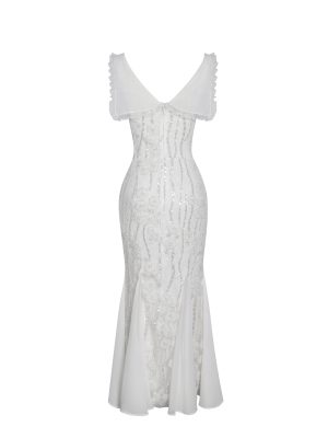 Paola White Peter Pan Collar Beaded Sequin Mermaid Midi Dress