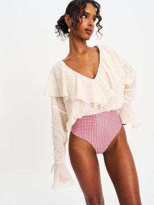 Magali Beige Dotted Mesh Ruffle V Collar Top