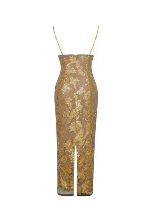 Edie Gold Beaded Sequin Midi Pencil Dress