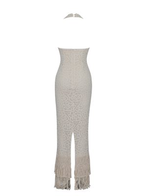 Faelyn Off-White Double Fringe Crochet Halter Maxi Dress