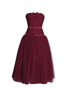 Mabel Burgundy Drop Waist Layered Mesh Midi Puffy Dress with Bow