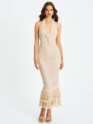 Faelyn Off-White Double Fringe Crochet Halter Maxi Dress