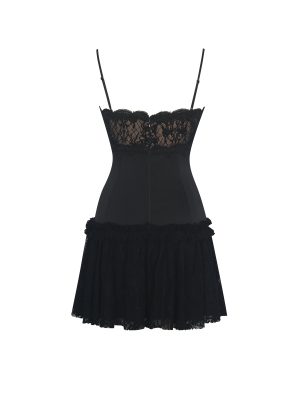 Umra Black Contrast Lace Sweetheart Gathered Mini Dress