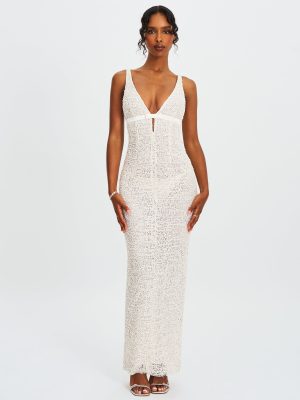 Adelaide White Beaded Sequin Net Bodycon Gown