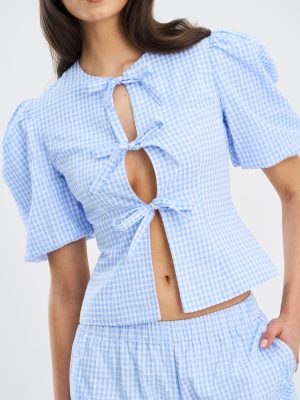 Qusayla Baby Blue Gingham Bubble Sleeve Bowtie Top