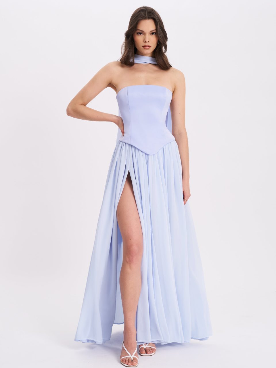 Qianna Baby Blue Peplum Top Drop Waist Chiffon Gown