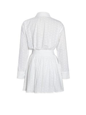 Gabriella White Cotton Eyelet Button Up Long Sleeve Shirt Dress