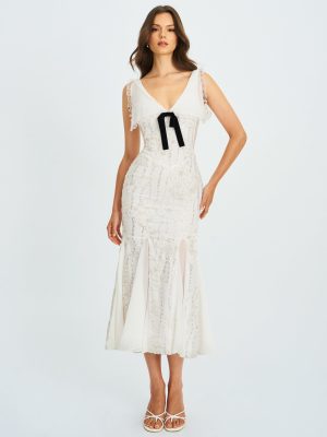Paola White Peter Pan Collar Beaded Sequin Mermaid Midi Dress