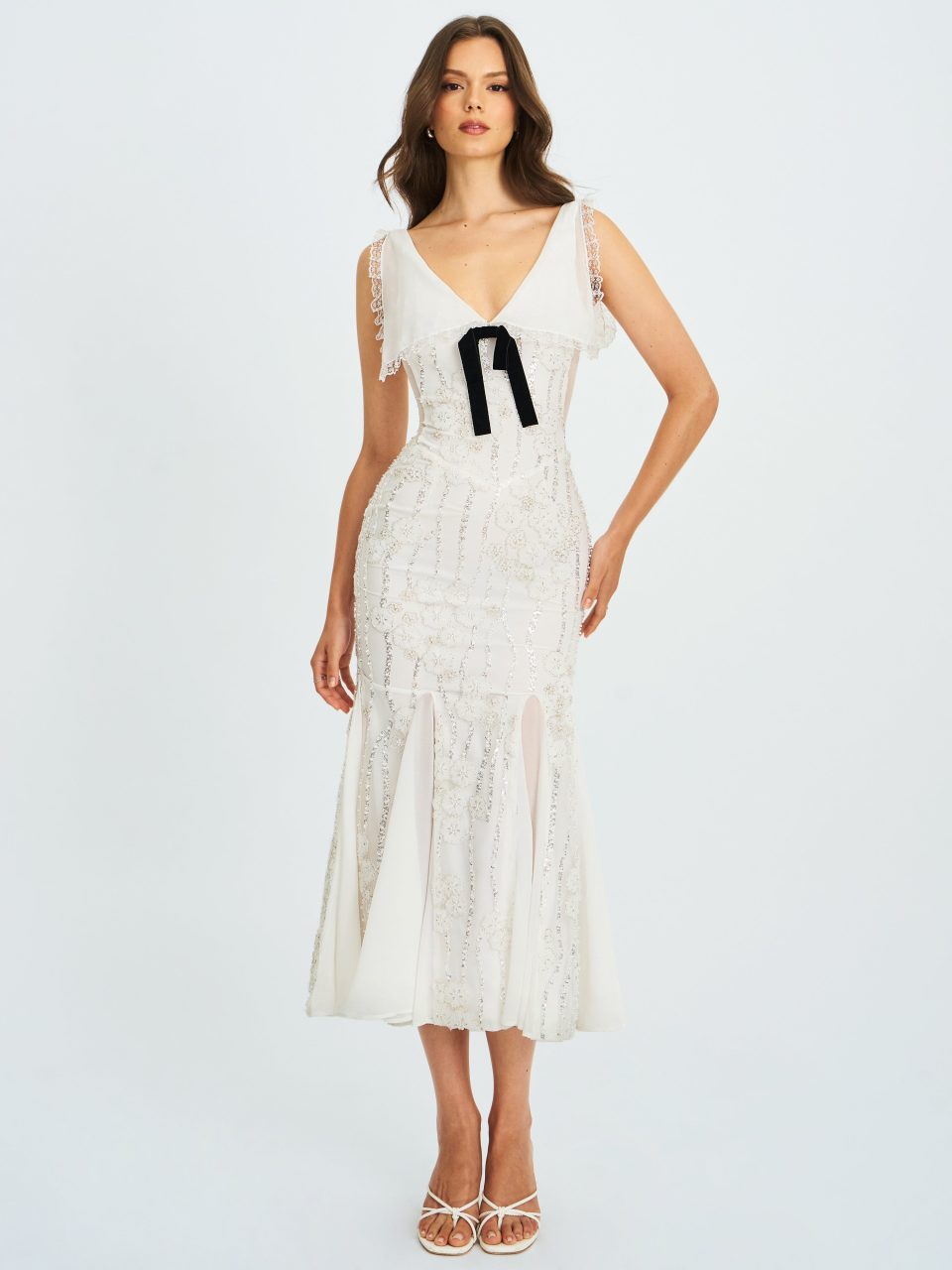 Paola White Peter Pan Collar Beaded Sequin Mermaid Midi Dress