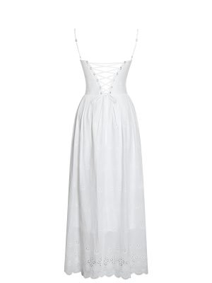 Oberon White Cotton Eyelet Lace-Up Back Maxi Dress