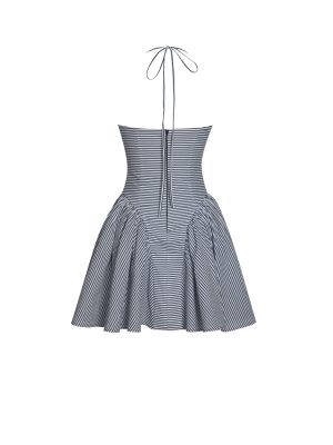 Melody Navy Blue Railroad Stripe Halter Drop Waist Mini Dress