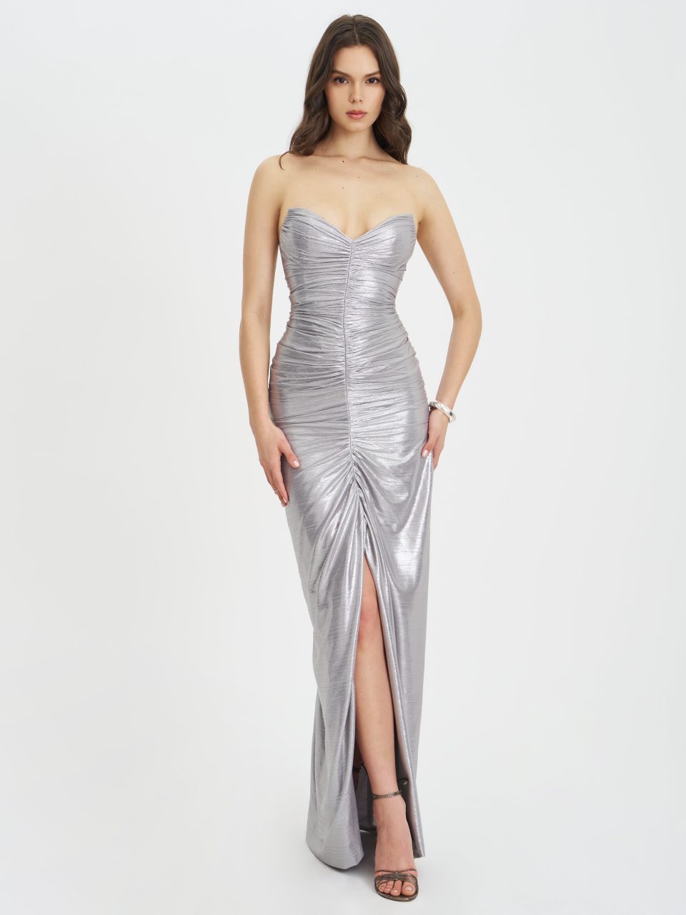 Sable Ruched Silver Glitter Mermaid Gown