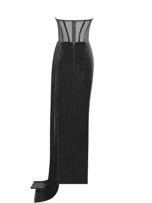 Priya Black Draping Corset High Slit Velvet Gown